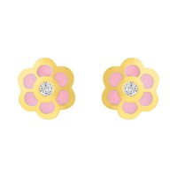 Aretes de oro 14k flor con esmaltado rosa y zirconia (059502)