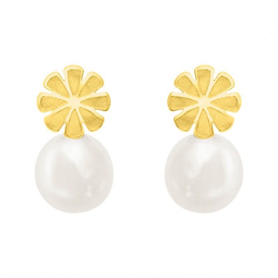 Aretes de oro 14k flor con perla (090406)