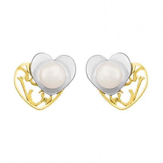 Aretes de 2 oros 14k corazones amarillo y blanco con perla  (097702)