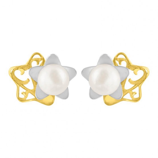 Aretes de 2 oros 14k estrellas amarilla y blanca con perla  (097703)
