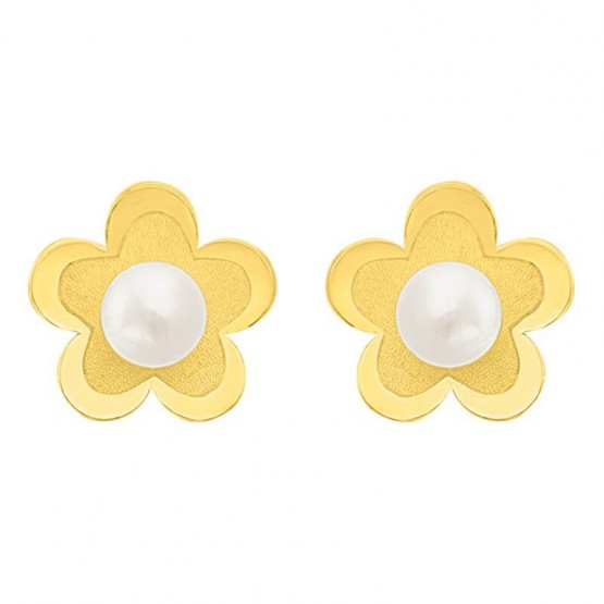 Aretes de oro 14k flor matizada con perla (098001)